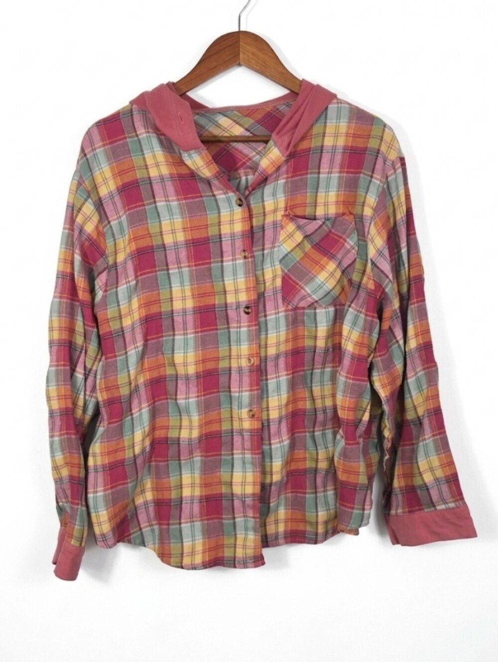 colorful hooded flannel button down